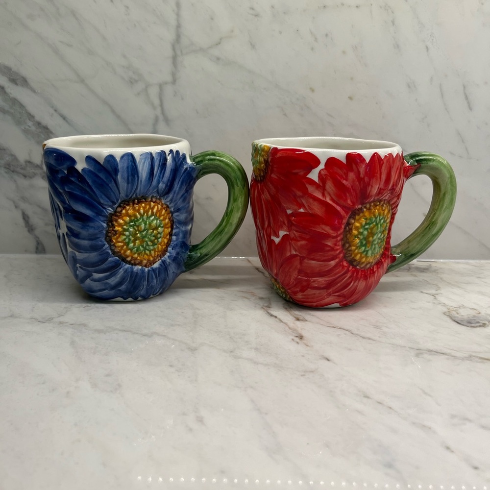Blue and Red Floral Ceramic Mugs - Set of 2